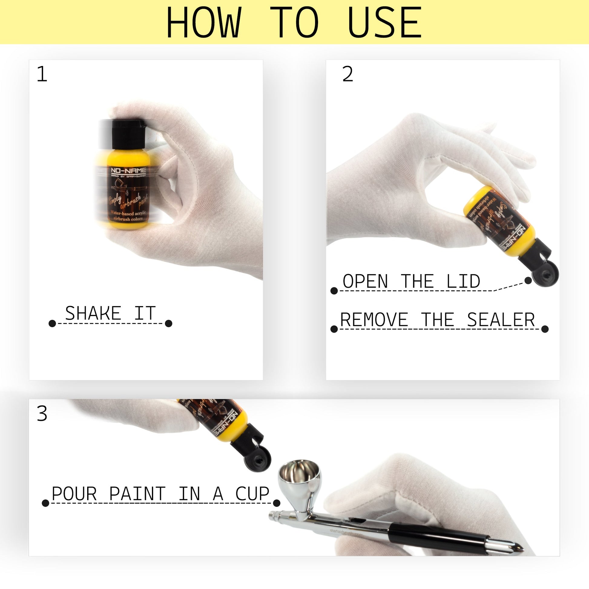 The 1 oz bottle of Simply Airbrush Paint by NO-NAME brand Metallic Gold is a water-based acrylic paint for hobby projects and airbrush instruments.