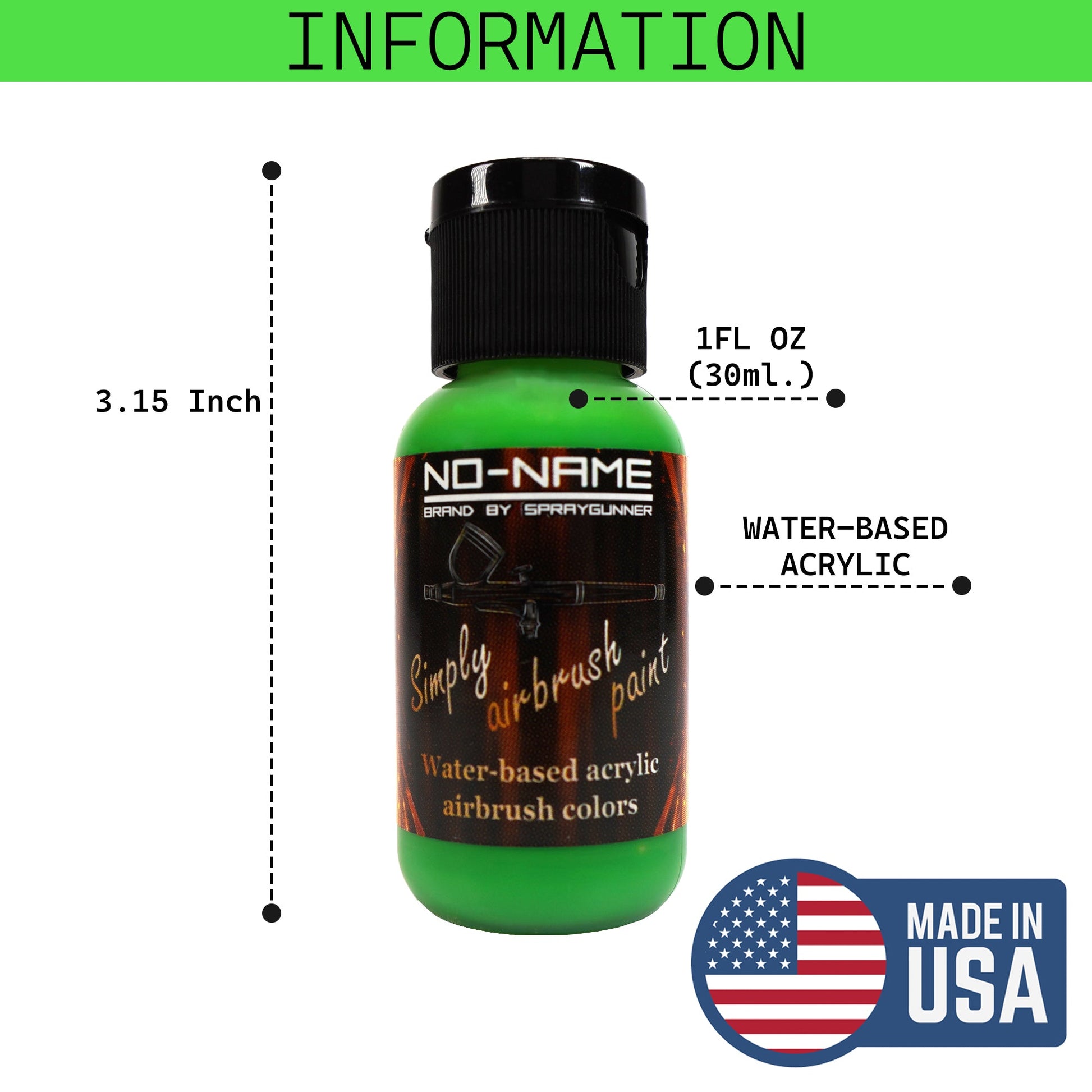 A one-ounce bottle of water-based acrylic paint for airbrush tools and hobby projects, Simply Airbrush Paint by NO-NAME brand Metallic Gold.