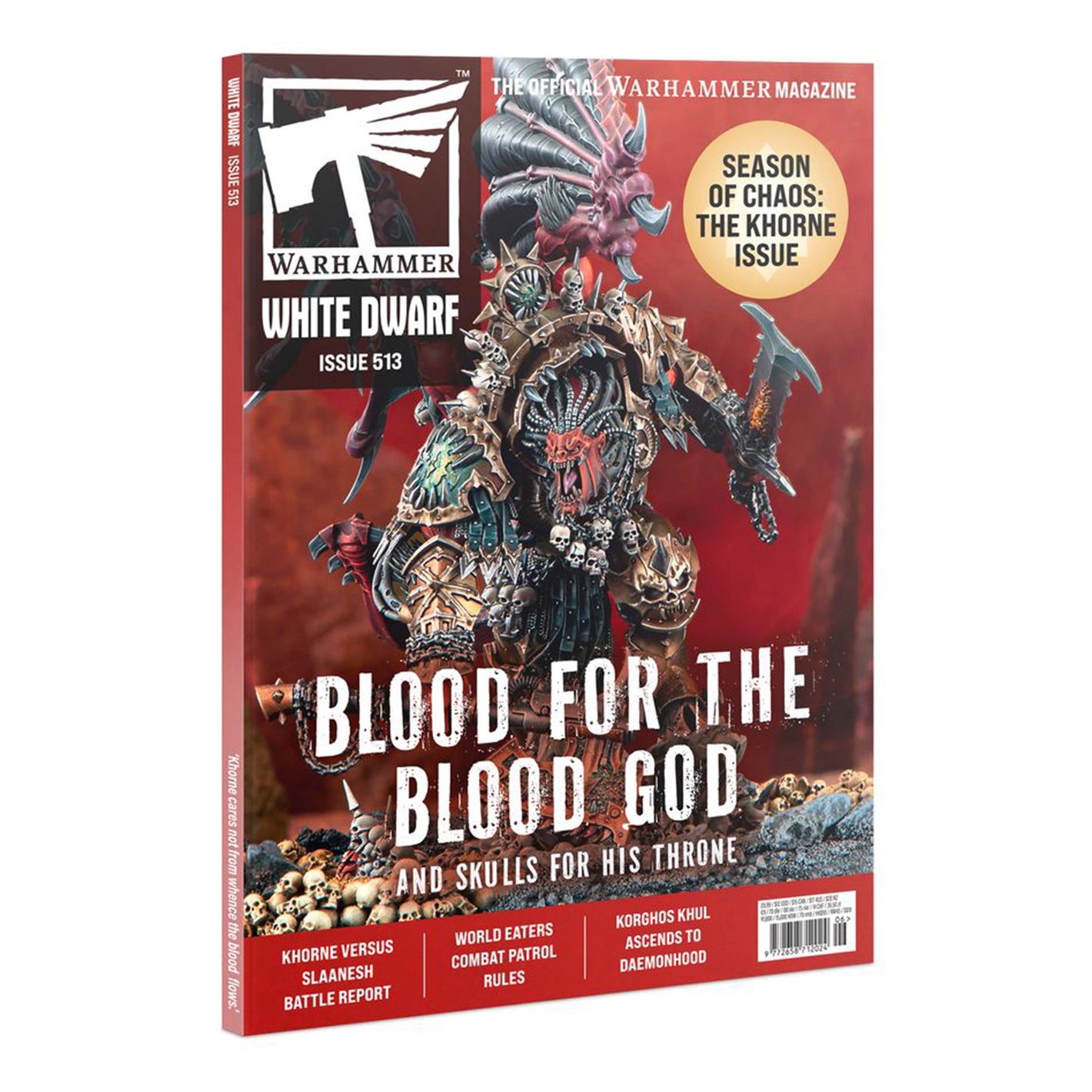 Warhammer White Dwarf Issue 513 magazine cover featuring Khorne Blood God artwork and headlines for collectors and gamers.