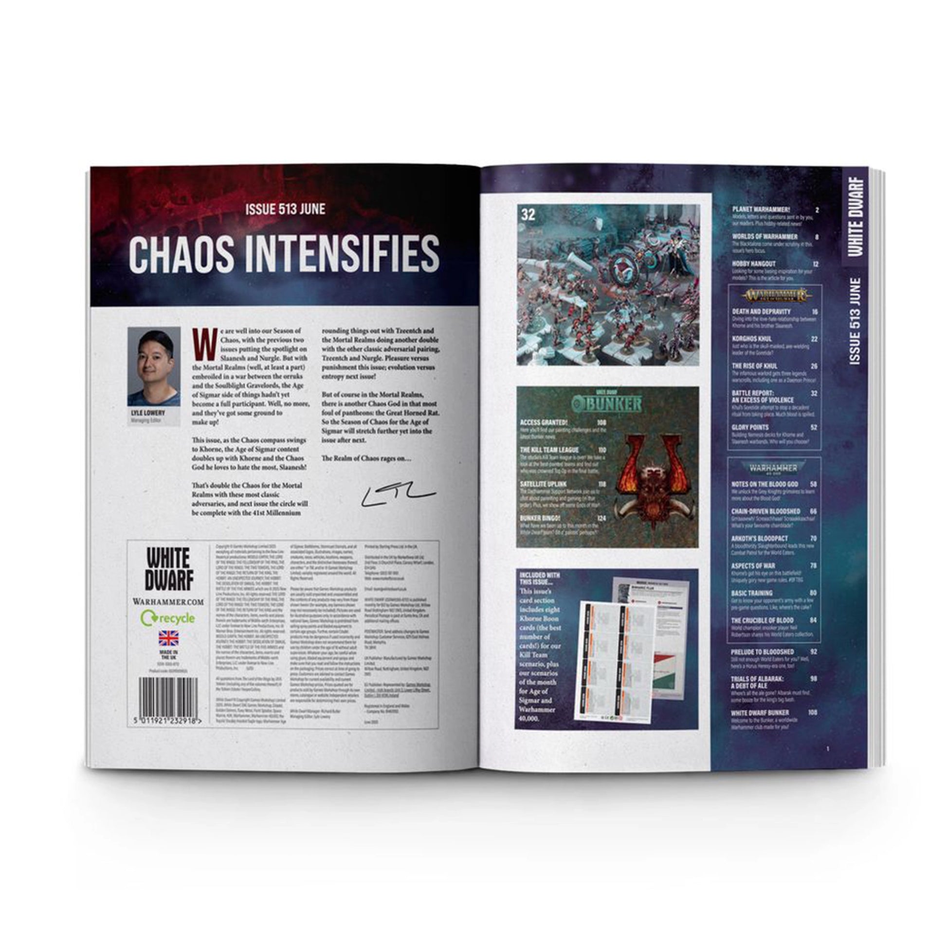 Inside pages of Warhammer White Dwarf Issue 513 showing Chaos Intensifies article and table of contents for Warhammer fans.