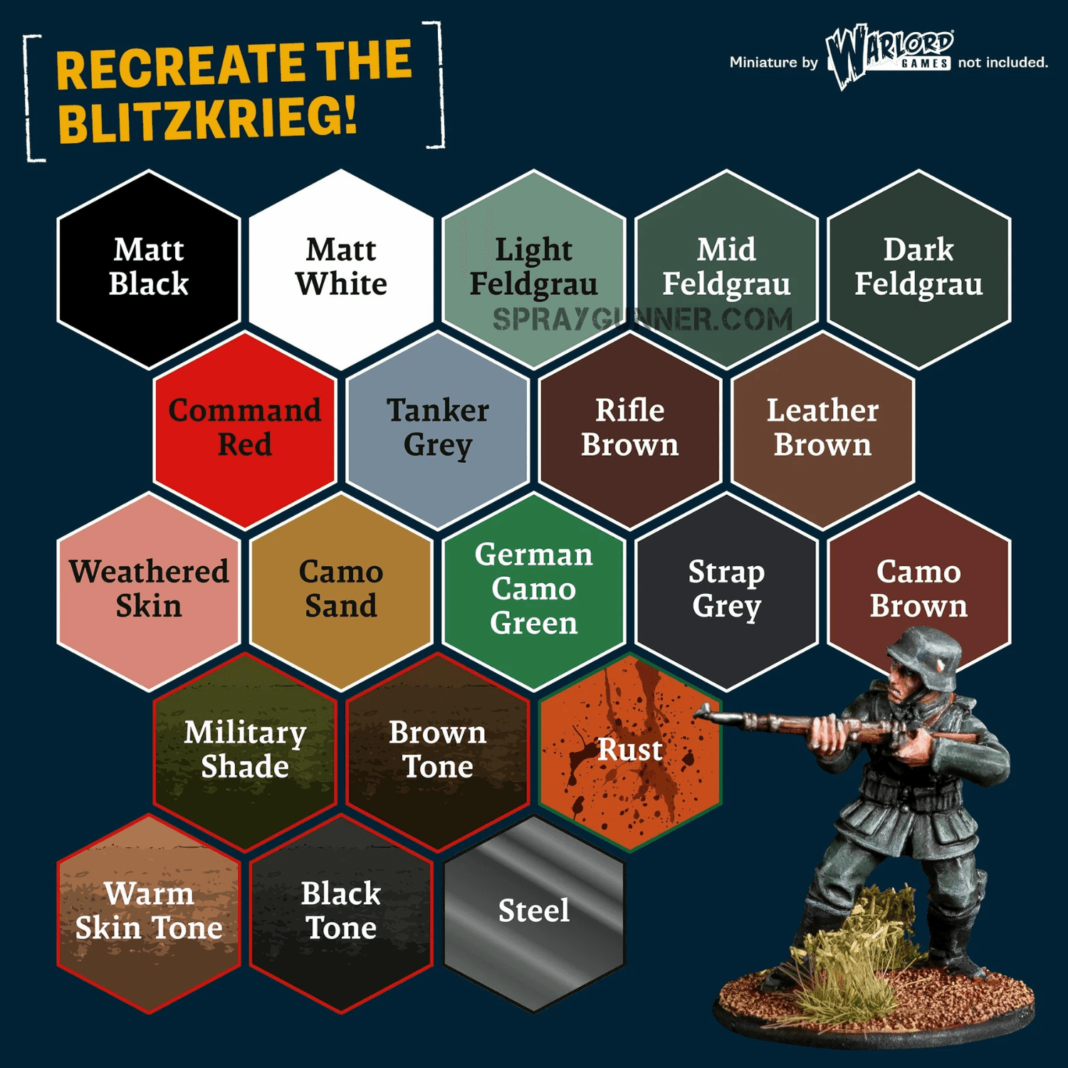 Color chart for WWII German Combo Paint Set showing 20 historical shades including Feldgrau, Camo Sand, and Tanker Grey.