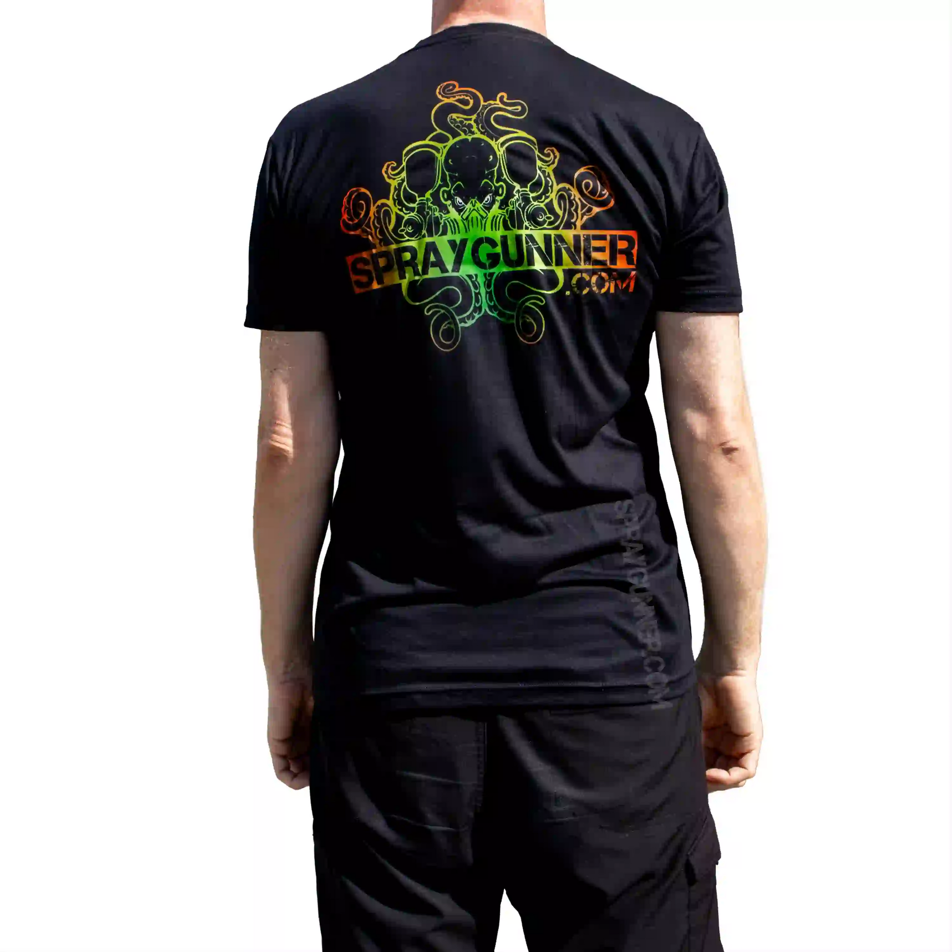 Back view of the Exclusive Monster Airbrush T-Shirt with SprayGunner.com logo and octopus design in neon green and orange gradient.