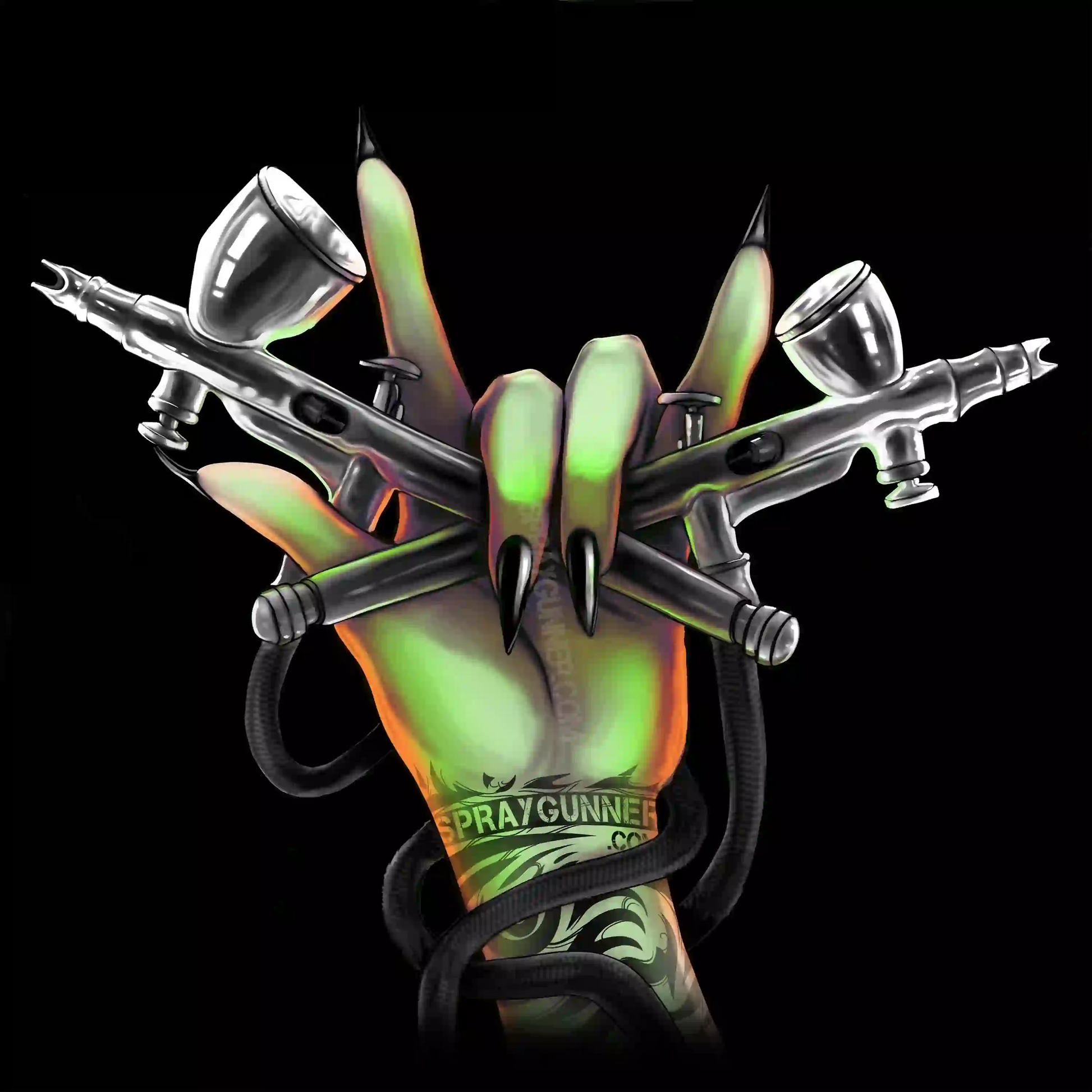 Close-up illustration of the monster hand design from the Exclusive Monster Airbrush T-Shirt, holding two chrome airbrushes with tattoo-style detail.