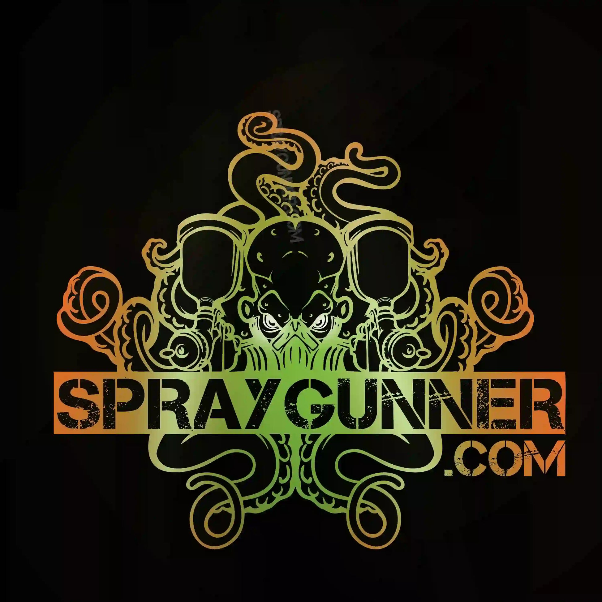 SprayGunner.com logo artwork from the Exclusive Monster Airbrush T-Shirt, featuring a stylized octopus in green-orange gradient for airbrush enthusiasts.