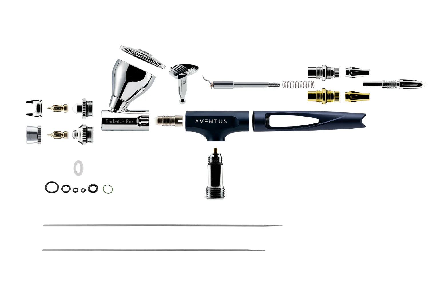 Gaahleri Aventus Airbrush Parts exploded diagram with needles, Vortex nozzles, O-rings, air valve, springs, caps, and replacement spares