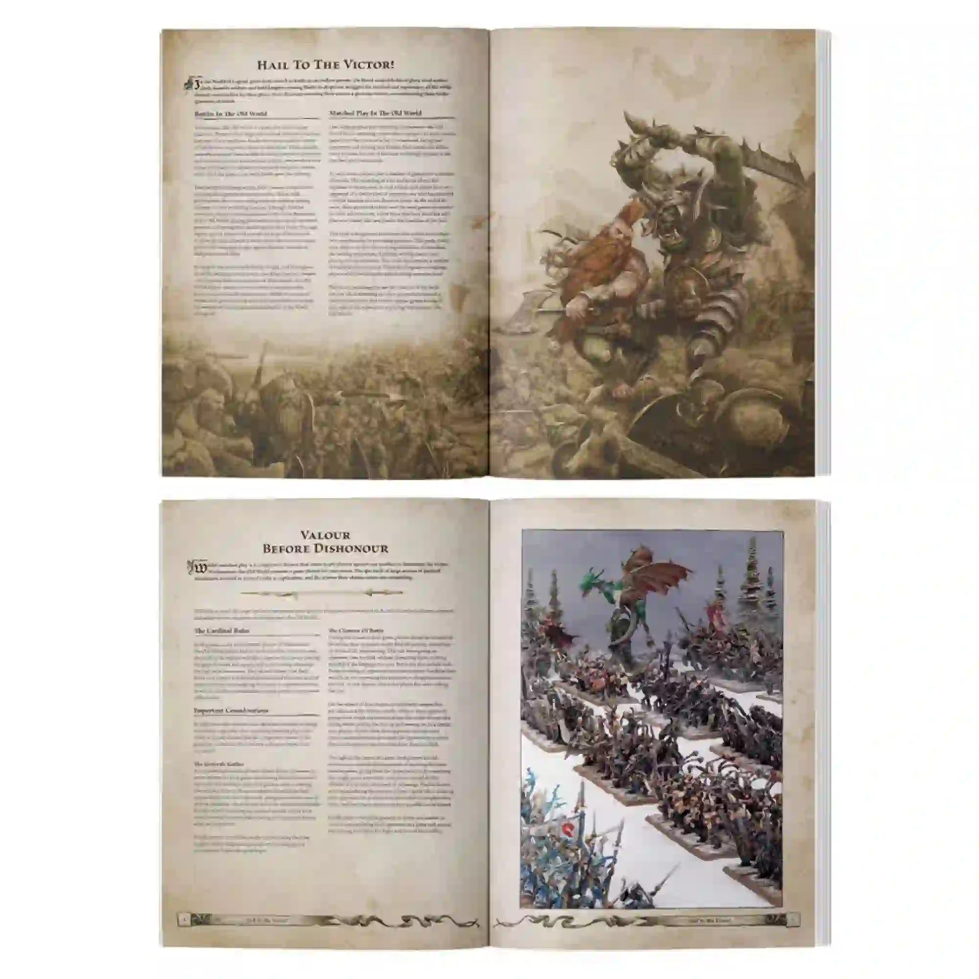 Interior pages of Warhammer: The Old World – Matched Play Guide showing battle scenarios, painted miniatures, and strategic gameplay rules.