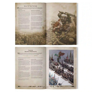 Interior pages of Warhammer: The Old World – Matched Play Guide showing battle scenarios, painted miniatures, and strategic gameplay rules.