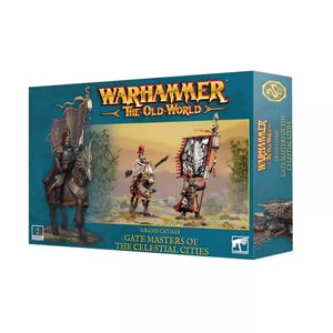 Warhammer The Old World Grand Cathay Gate Masters box showing two unpainted scale model figures for customizing armies in Celestial Cities battles.
