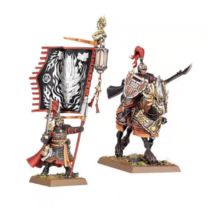 Painted Grand Cathay Gate Masters miniatures from Warhammer featuring a mounted warrior and a banner bearer in ornate armor for tabletop gameplay.