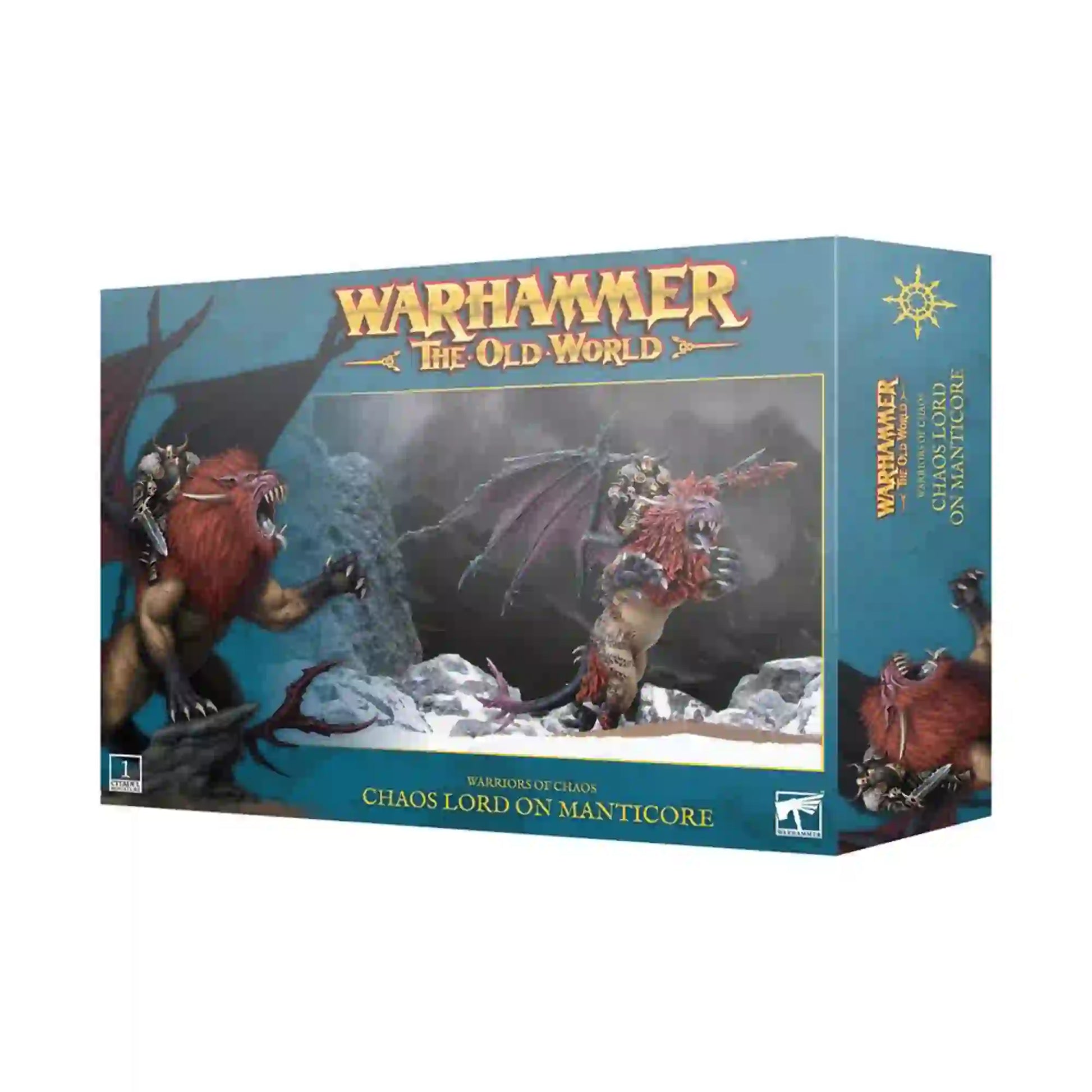Chaos Lord on Manticore kit box from Warhammer The Old World, featuring detailed artwork of the behemoth model in a fantasy battle scene.