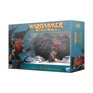 Chaos Lord on Manticore kit box from Warhammer The Old World, featuring detailed artwork of the behemoth model in a fantasy battle scene.