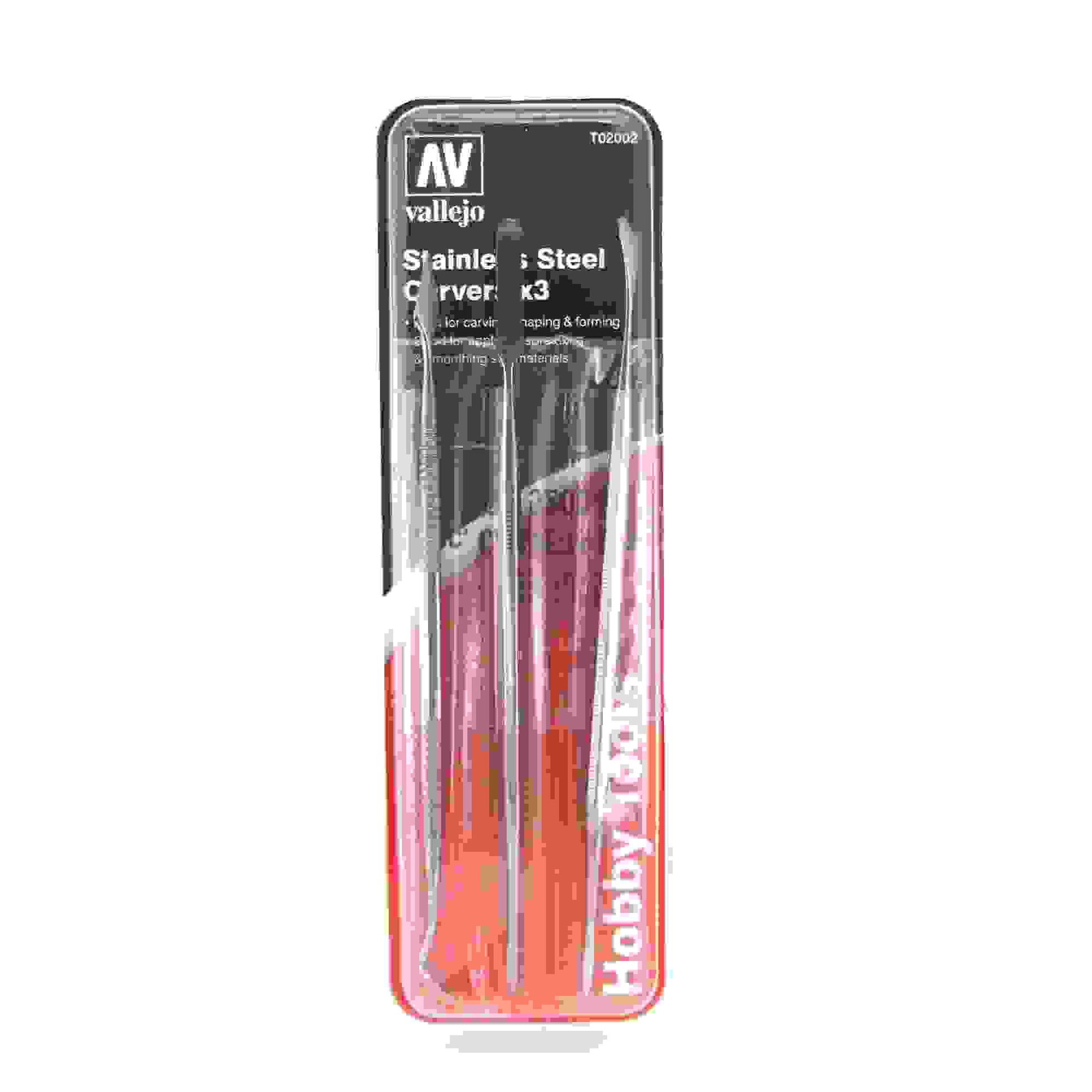 Close-up of Vallejo T02002 stainless steel carver tips showing spade and point profiles