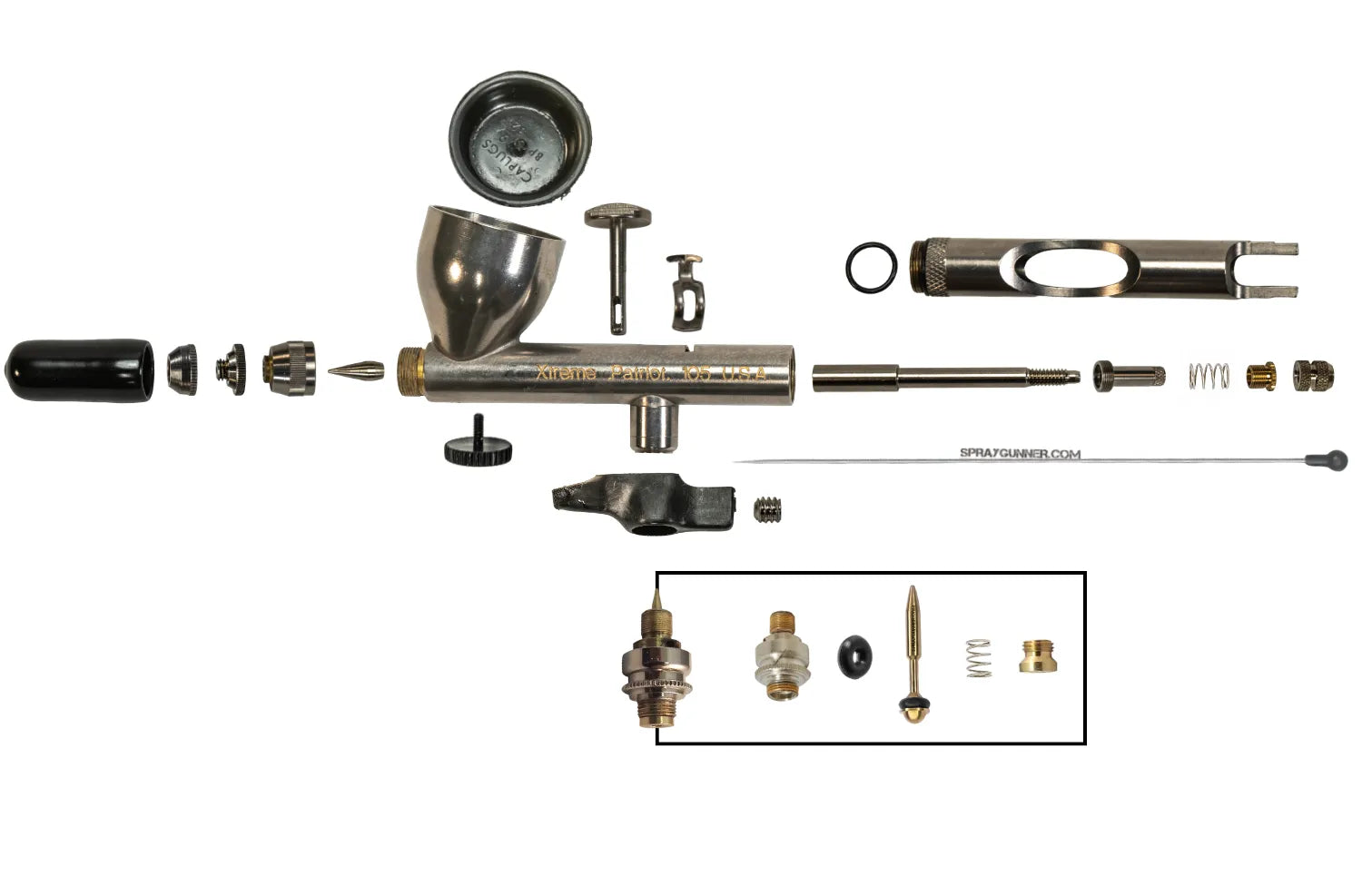 Exploded view diagram of Badger Xtreme Patriot 105 airbrush parts and components on a white background.