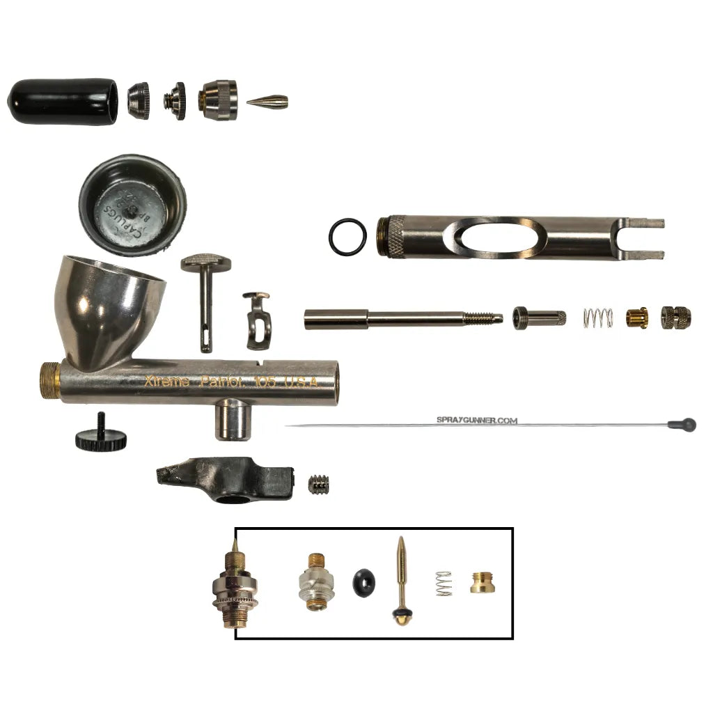 Exploded view diagram of Badger Xtreme Patriot 105 airbrush parts and internal components.