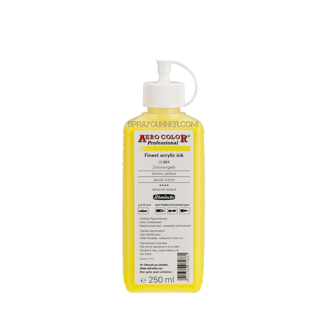 Schmincke AERO COLOR Professional Acrylic Ink: Lemon Yellow 250 ml - SprayGunner