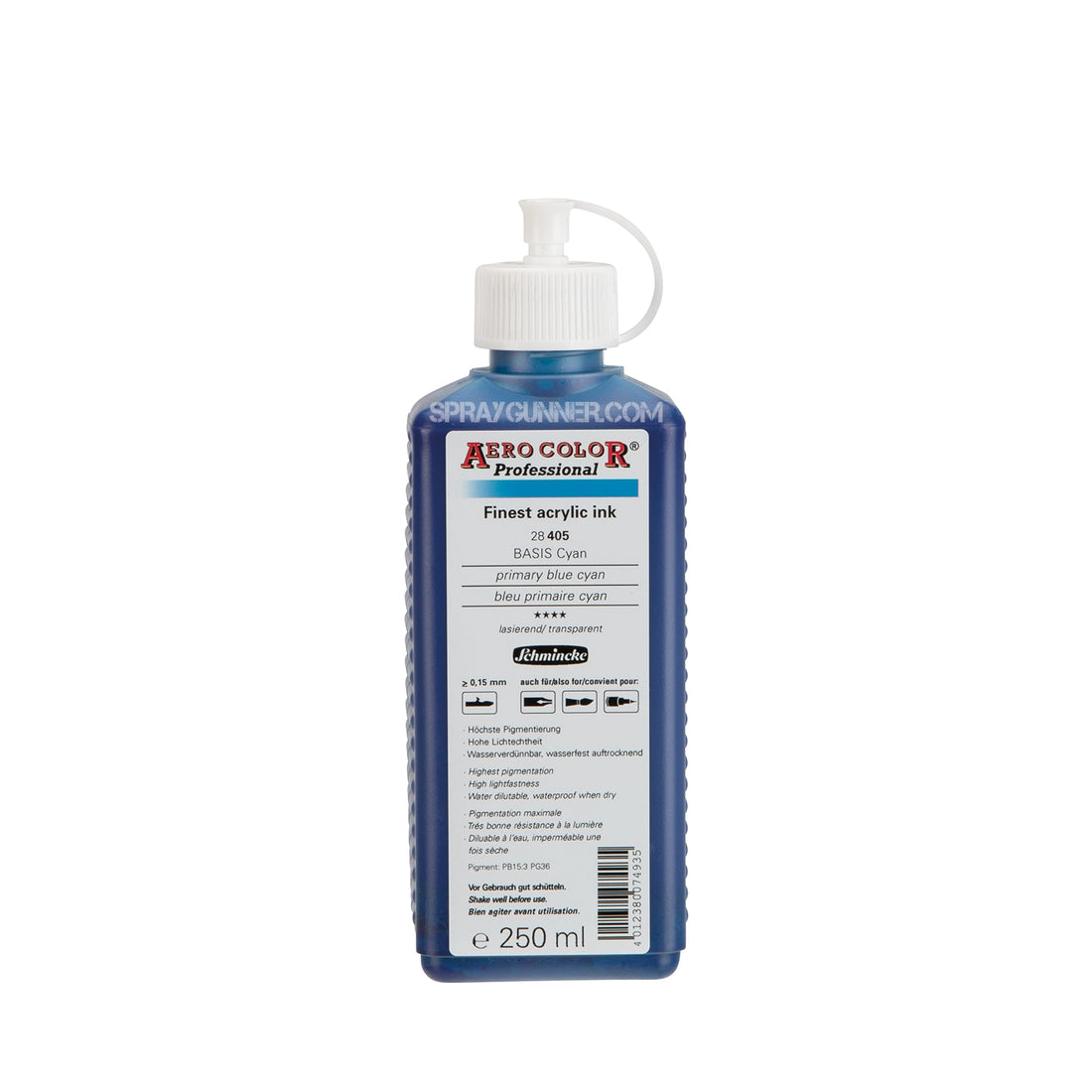 Schmincke AERO COLOR Professional Acrylic Ink: Primary Blue Cyan 250 ml - SprayGunner