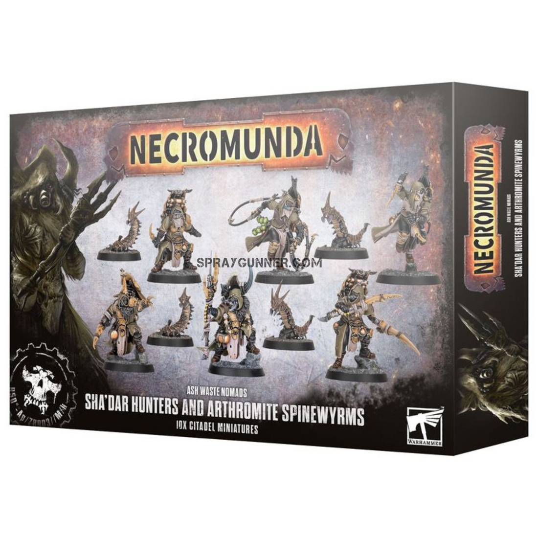 Warhammer 40k Necromunda: Sha'dar Hunters and Arthromite Spinewyrms scale model kit. Includes detailed miniatures for tabletop battles.
