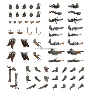 This set of 64 plastic upgrade parts for Citadel miniatures is part of the Warhammer 40k Necromunda Ash Waste Nomads Weapons & Upgrades. Perfect for personalizing gangs in Necromunda.