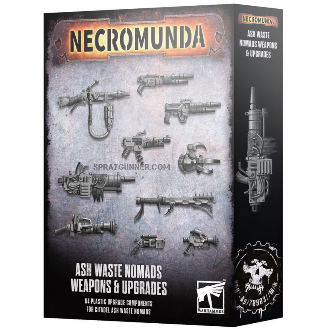 Warhammer 40k Necromunda Ash Waste Nomads Weapons & Upgrades set featuring 64 plastic upgrade components for Citadel miniatures. Ideal for customizing Necromunda gangs.