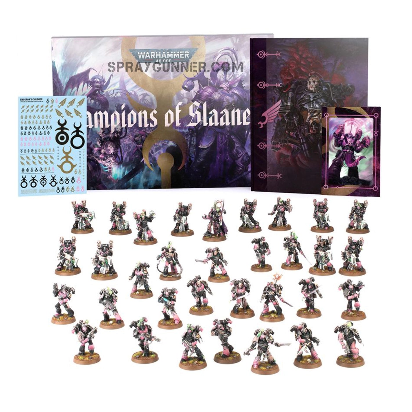 Warhammer 40k Champions of Slaanesh Emperor's Children Army Set featuring intricately detailed miniatures, decals, and collector's art card.