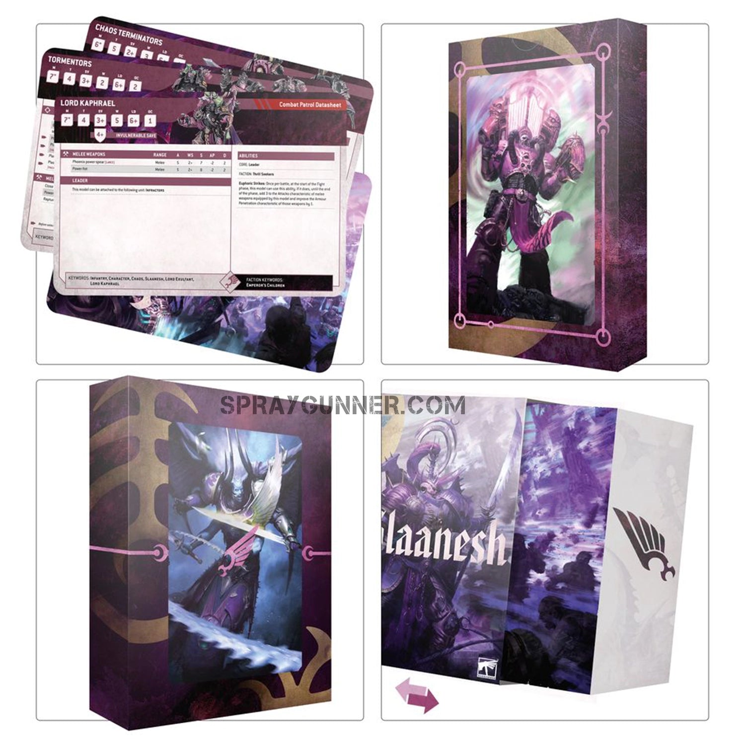 Collector's art cards, decals, and intricately detailed miniatures in the Warhammer 40k Champions of Slaanesh Emperor's Children Army Set.