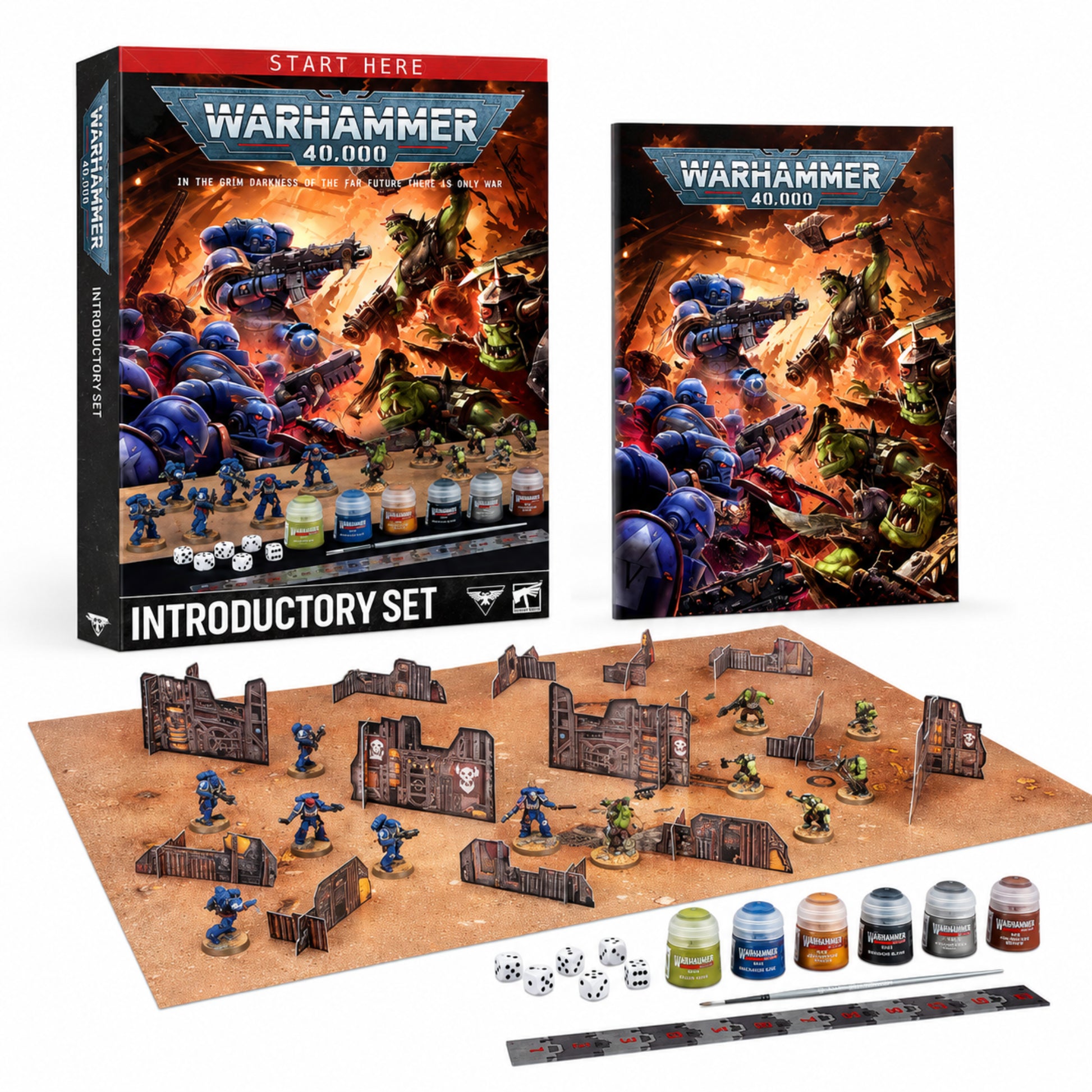 Warhammer 40,000 Introductory Set 2026 with Space Marines, Orks, paints, terrain and handbook