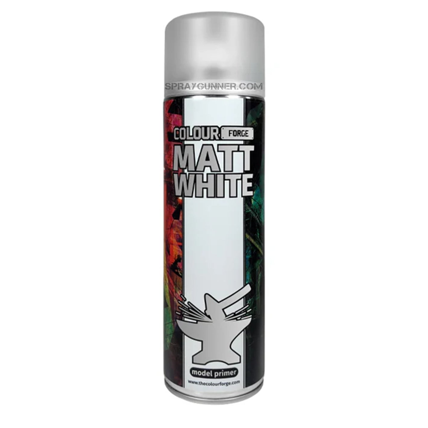 Colour Forge Spray: Matt White 500ml primer for miniatures and models. Offers smooth, even coverage for hobby and figure painting projects.