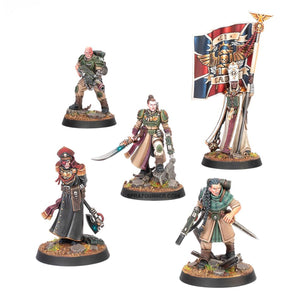 Five Citadel figurines are included in the scale model kit for Warhammer 40k: Astra Militarum Hell's Last. accessible to collectors and enthusiasts at SprayGunner.