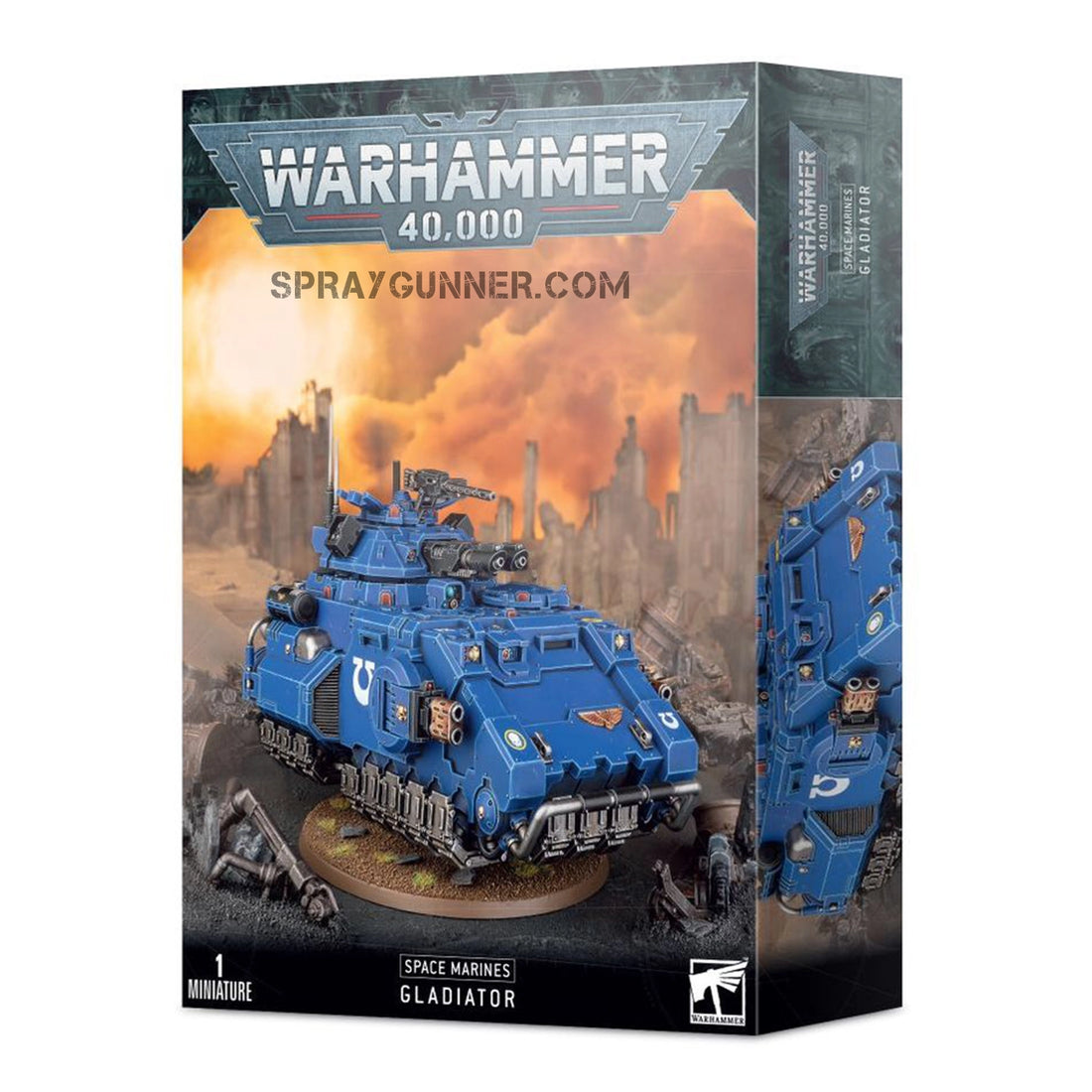 Warhammer 40K Space Marines Gladiator Valiant scale model kit featuring a heavily armored blue tank with powerful weaponry for battlefield dominance.