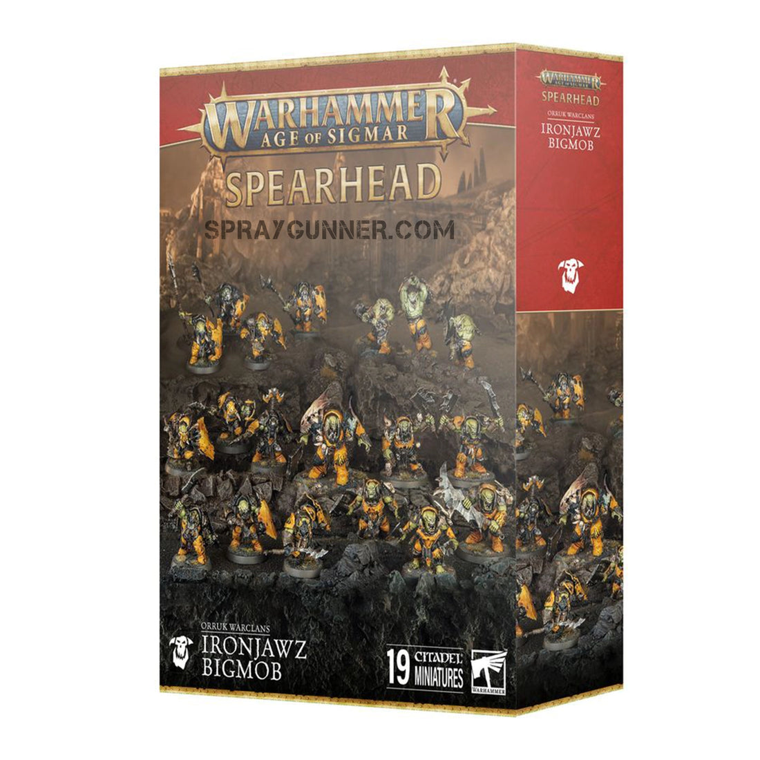 Warhammer Spearhead: Orruk Warclans – Ironjawz Bigmob set featuring 19 detailed Citadel miniatures of fierce green-skinned warriors for Age of Sigmar battles.