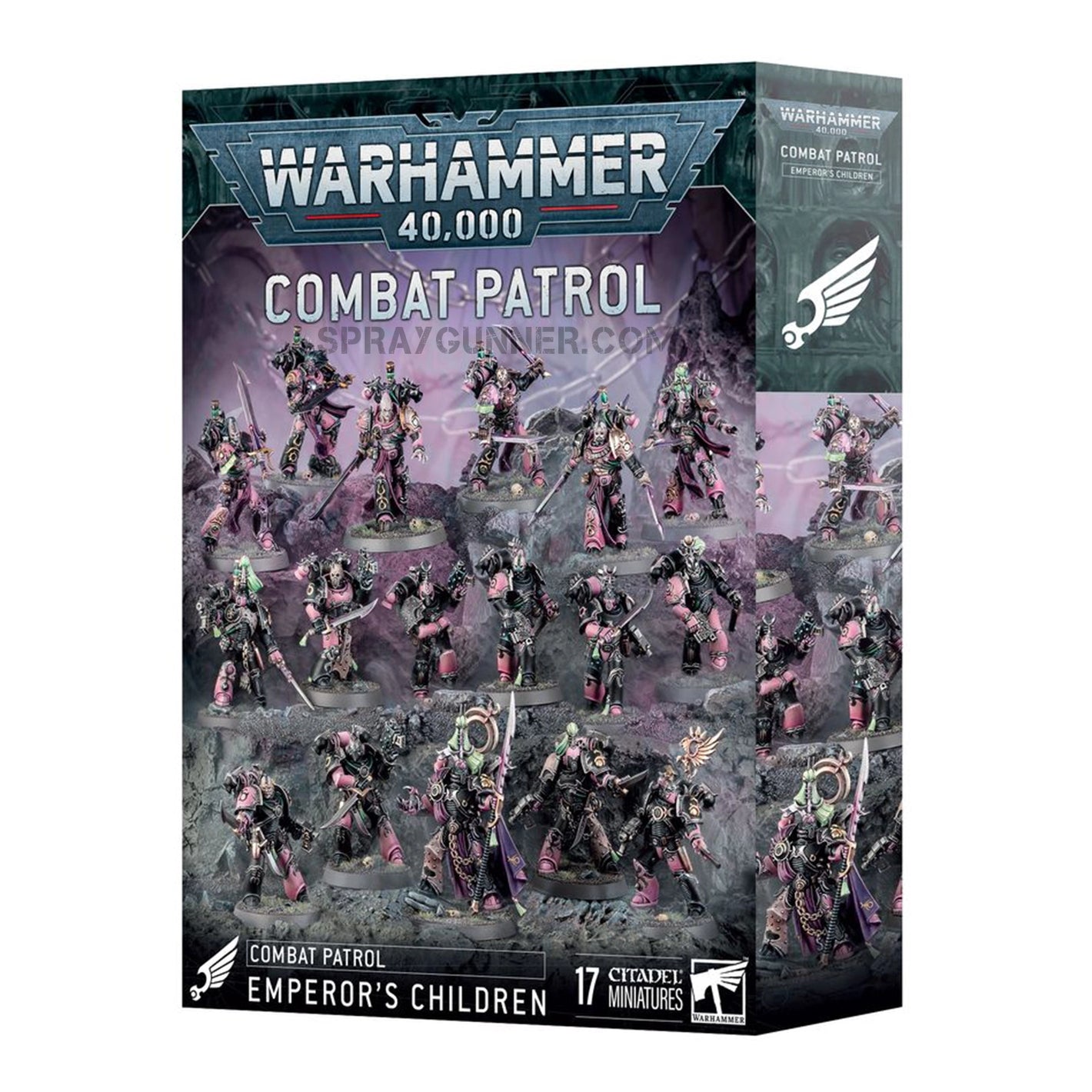 Emperor's Children Combat Patrol - Warhammer 40K box featuring 17 detailed miniatures for model making and tabletop gaming, ideal for collectors.