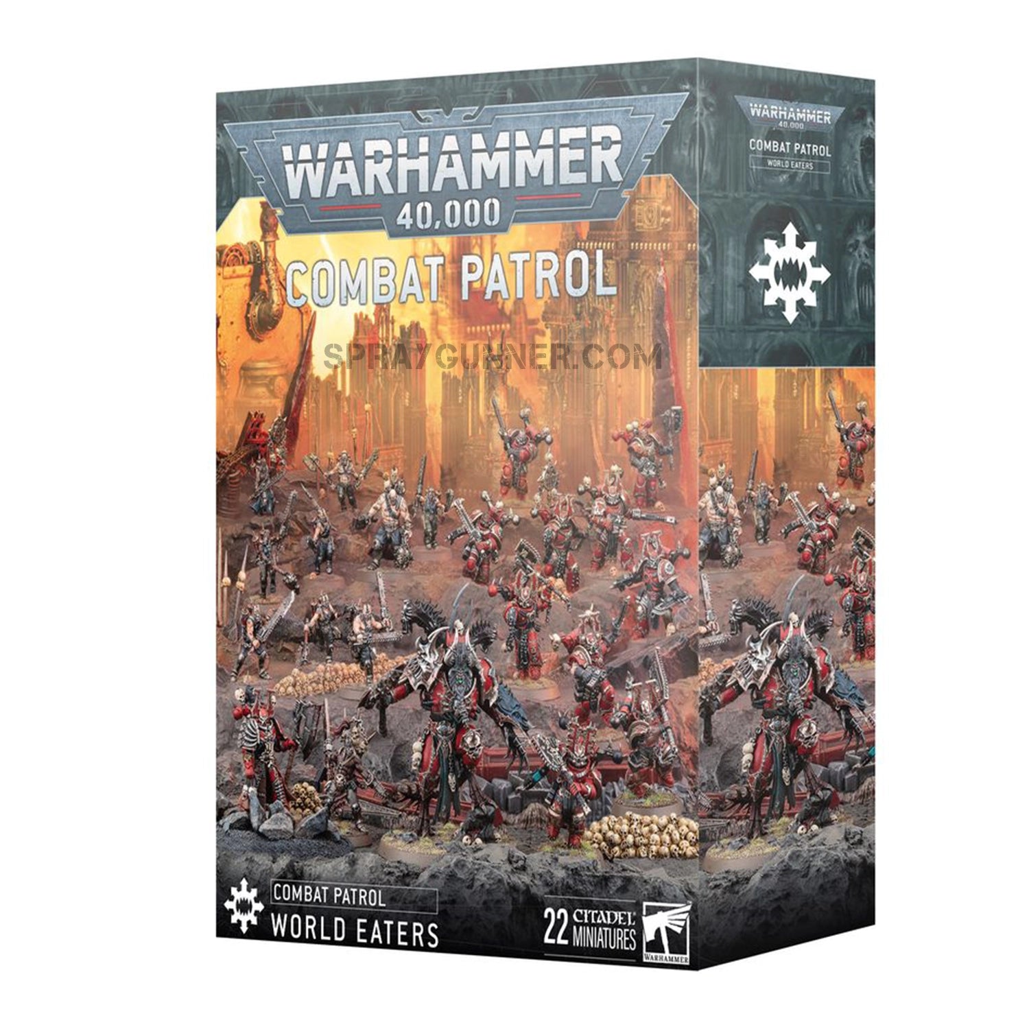 Warhammer 40k Combat Patrol: World Eaters box set featuring 22 Citadel miniatures in a dynamic battlefield-themed package design.