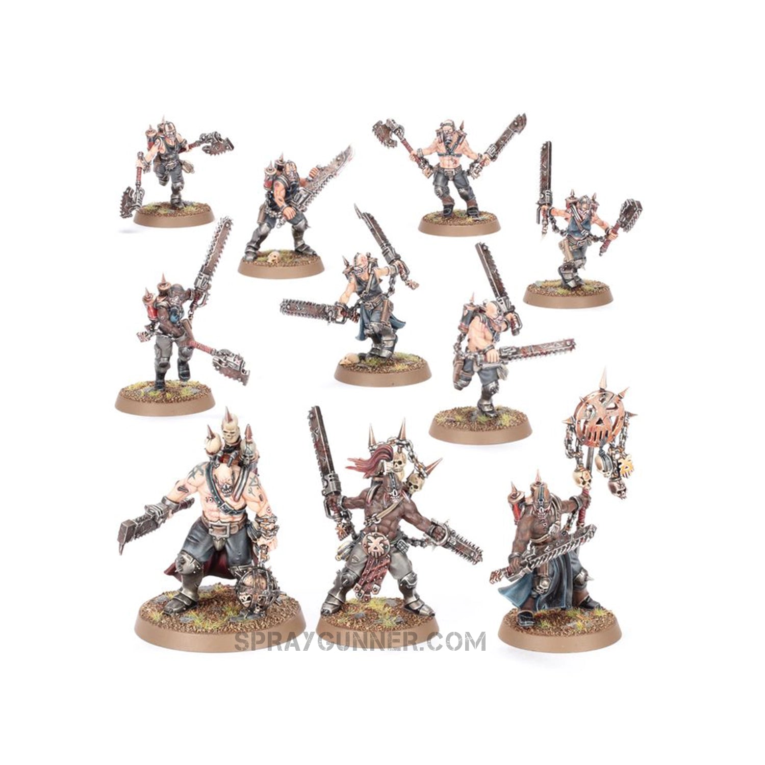 Detailed view of World Eaters Jakhals miniatures from Warhammer 40k Combat Patrol set, featuring brutal melee weapons and dynamic poses.
