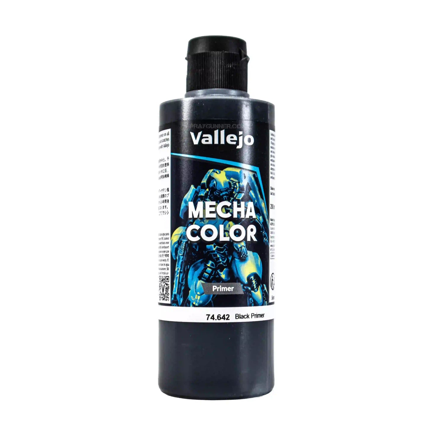 Vallejo 74.642 Mecha Primer Black 200ml airbrush primer for Gunpla, miniatures, and model kits.