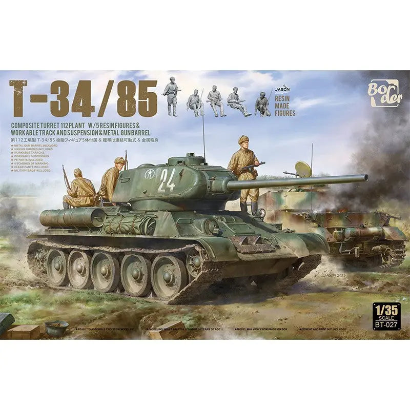 Border Models 1/35 T-34/85 Composite Turret 112 Plant with 5 Resin Figures, Metal Gun Barrel & Workable Tracks Model Kit - SprayGunner