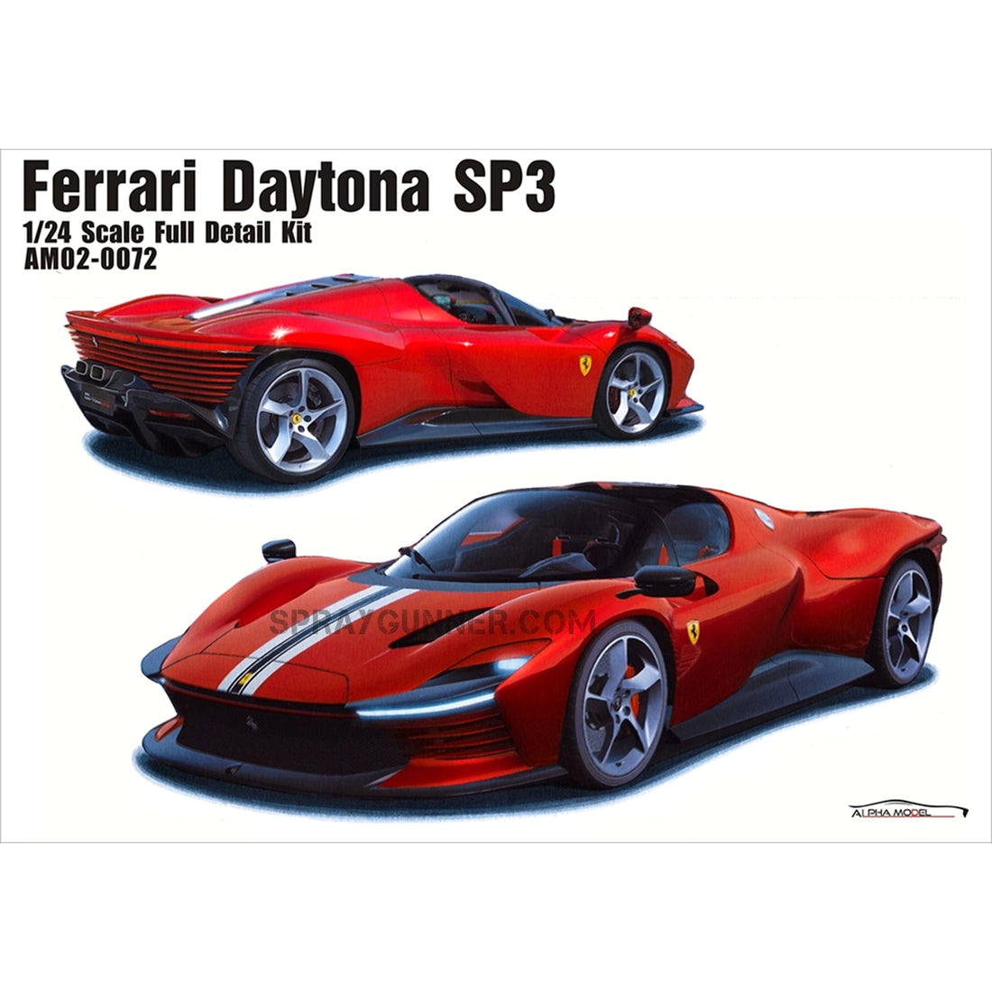 ALPHA MODEL 1/24 scale model car kit Ferrari Daytona SP3 featuring a highly detailed replica of the luxury sports car. Perfect for model enthusiasts and collectors.