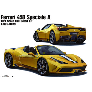 Illustration of ALPHA MODEL 1/24 scale model kit Ferrari 458 Speciale A in yellow, showcasing front and rear views of the completed model.