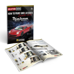 AMMO by MIG SOLUTION BOOK 24: How to Paint and Lacquer Scale Car Cover with Cobra Motor Paints branding and a red Ferrari model.