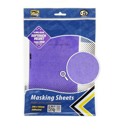 AMMO by MIG Accessories AMMO Velvet Softouch Masking Sheets 1mm Grid (x5 sheets, 290mm x 145mm, adhesive)