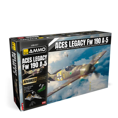 Focke Wulf 190 A-5 Model Kit | 1/48 Scale box art featuring AMMO by MIG Aces Legacy Advanced Edition with aircraft illustration and kit details.