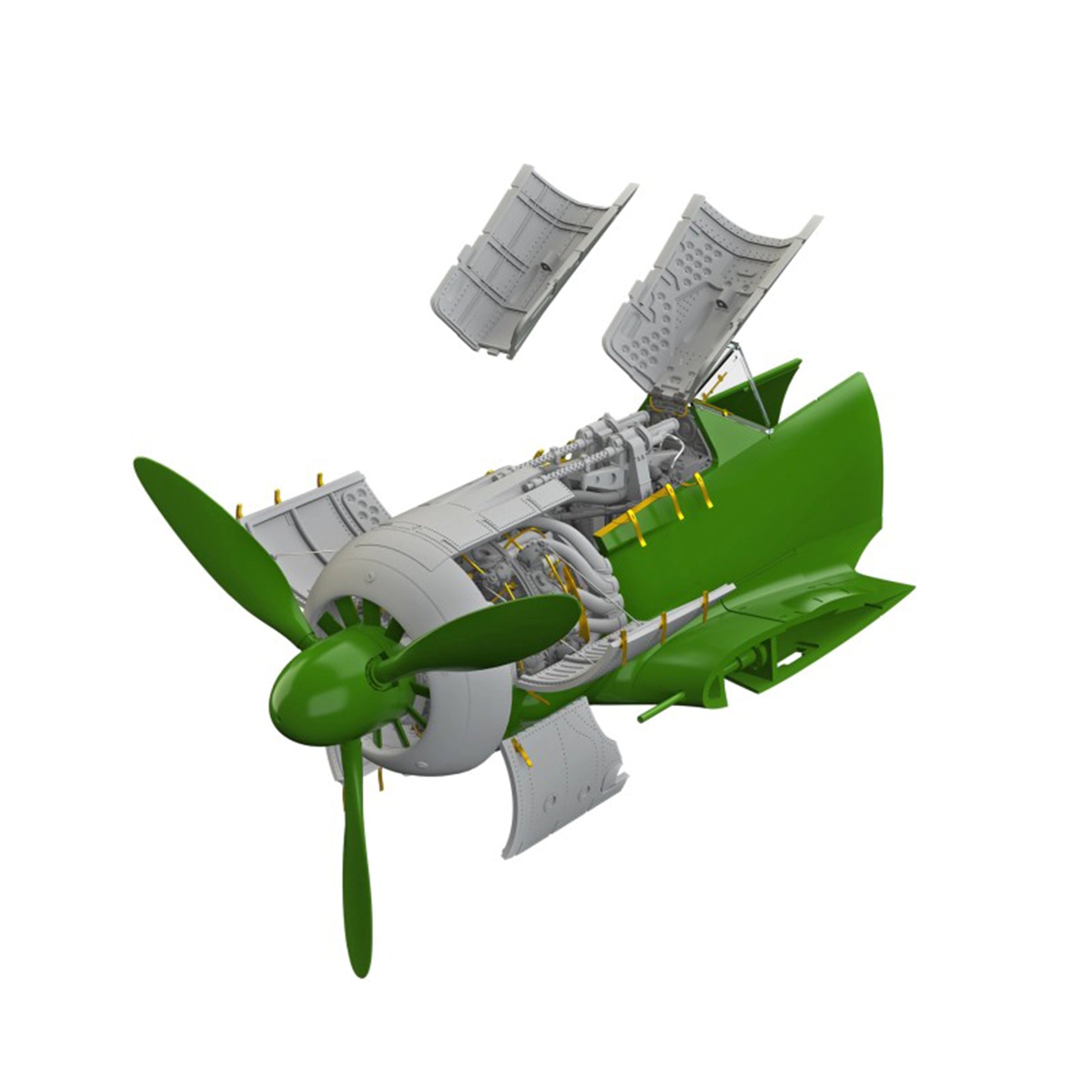 Partially assembled Focke Wulf 190 A-5 scale model with green fuselage and exposed engine detail for realistic display.