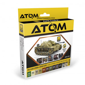 StuG III Ausf.G Paint Set by ATOM, featuring authentic WWII German assault gun colors. Includes precision-mixed acrylic paints for model detailing.