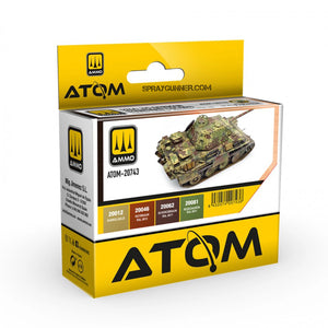 ATOM 1944-45 German Standard Colors Set featuring authentic WWII paints for model tanks and military vehicles. Includes six historical camouflage shades.
