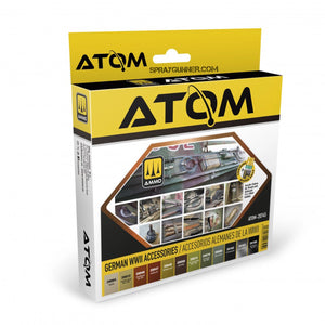ATOM WWII Accessories Paint Set for German models featuring accurate colors for detailing WWII vehicles, weapons, and accessories.