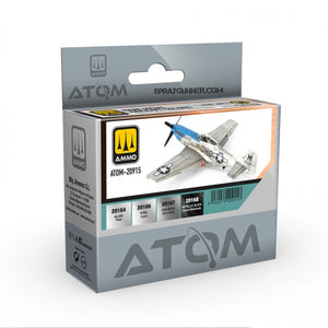 ATOM Bare Metal Aircraft Colors Set featuring realistic metallic finishes for model aircraft. Includes silver, steel, dark aluminum, and jet exhaust black shades.