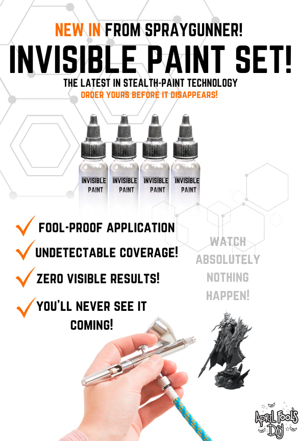 Mobile banner for SprayGunner Invisible Paint Set April Fools joke. Features clear paint bottles and an airbrush with a list of features: Fool-proof application, undetectable coverage, zero visible results, and you'll never see it coming!