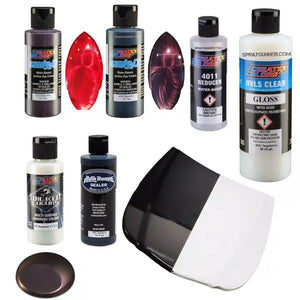 Createx Colors Murdered Candy Kit with full paint set and painted sample panel showing deep red-black candy finish for airbrush and cosplay projects.