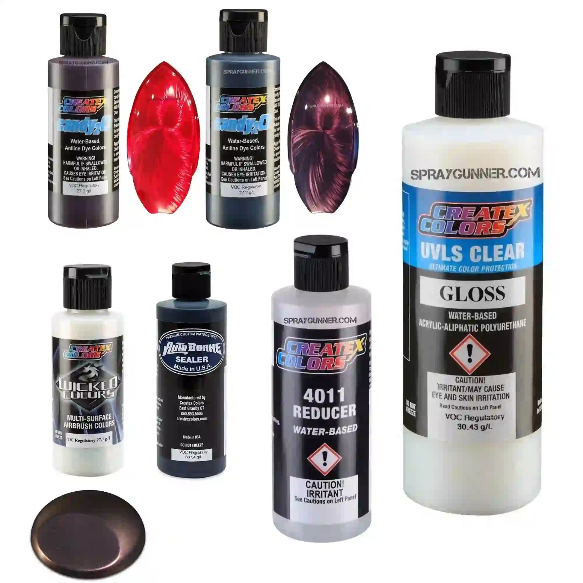 Createx Murdered Candy Kit airbrush paint set with deep red shimmer finish, includes Candy2O paints, reducer, gloss, and sealer for custom painting.