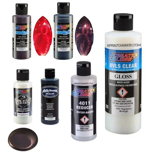 Createx Murdered Candy Kit airbrush paint set with deep red shimmer finish, includes Candy2O paints, reducer, gloss, and sealer for custom painting.