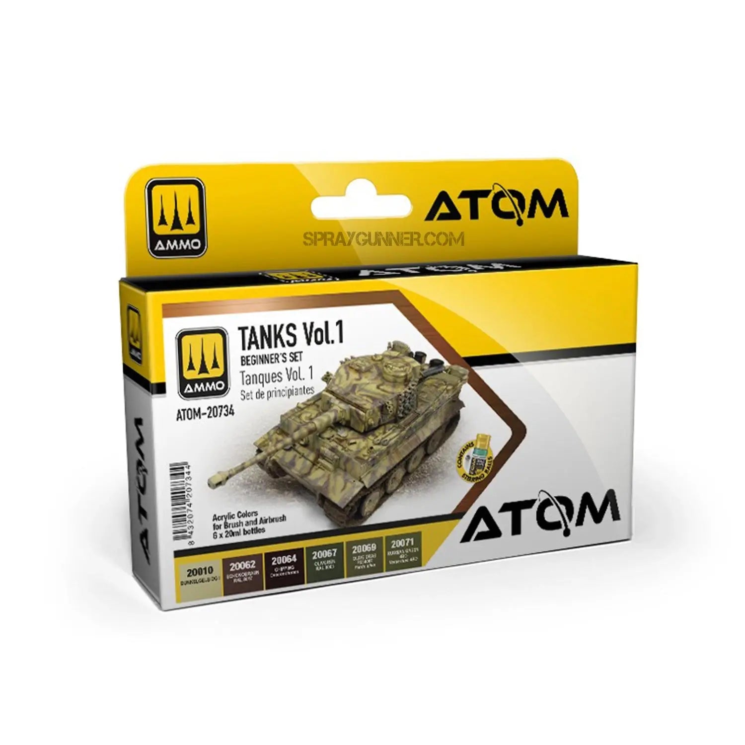 Discounted ATOM Beginners Set: Tanks Vol.1 - SprayGunner airbrush paint kit featuring AMMO by MIG acrylic paints for model tanks and hobby use.